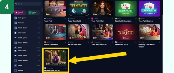 Step 4. Locate and Play Teen Patti 20-20 from SA Gaming